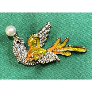 NWOT Enamel Bird Brooch Pin Yellow Gold Toned Rhinestone Imitation Pearl